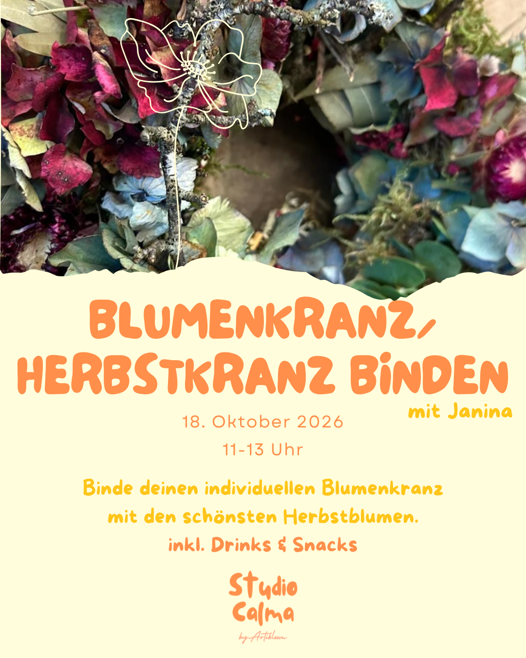 Blumenkranz (Herbstkranz) binden I 18. Oktober 2026 I Kreativ-Workshop im Studio Calma in Düsseldorf mit Janina
