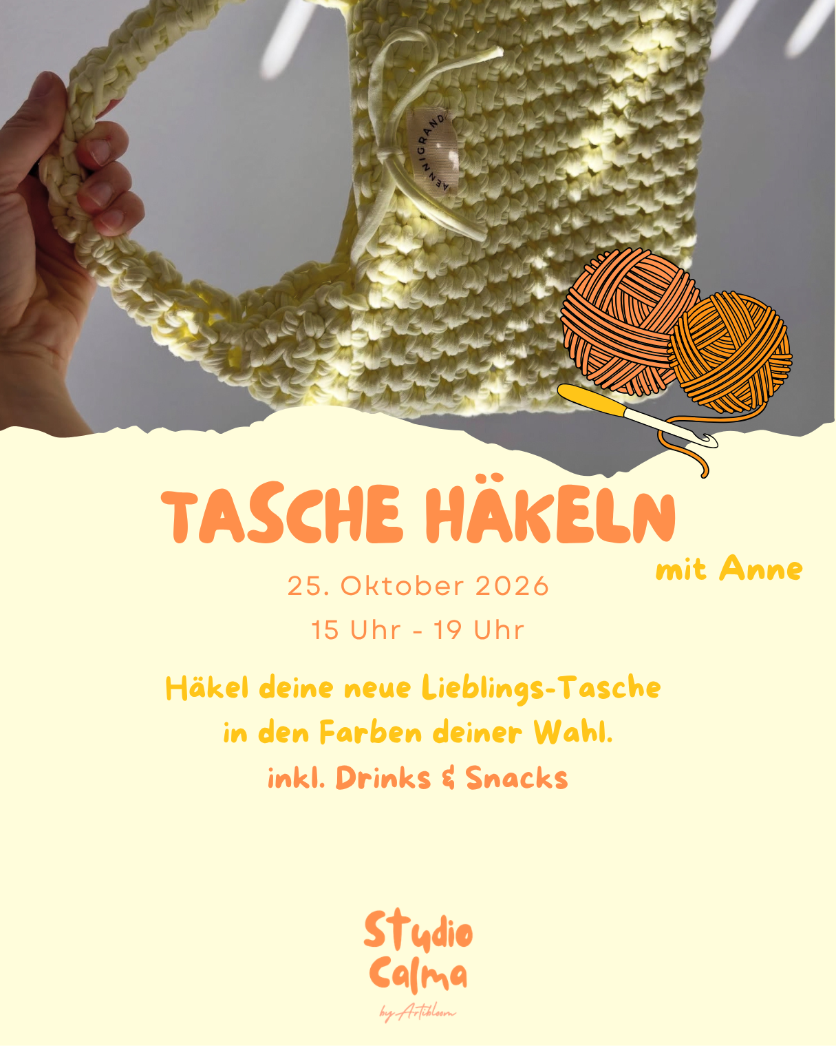 Tasche Häkeln I 25. Oktober 2026 I Kreativ-Workshop im Studio Calma in Düsseldorf mit Anne
