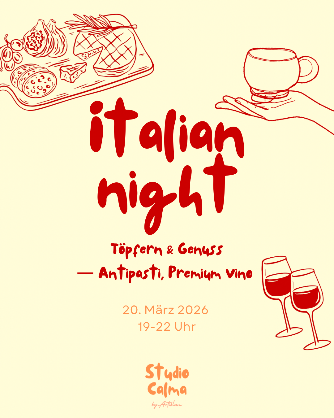 Italian Night - Antipasti, Vino & Töpfern im Studio Calma in Düsseldorf am 20. März 2026