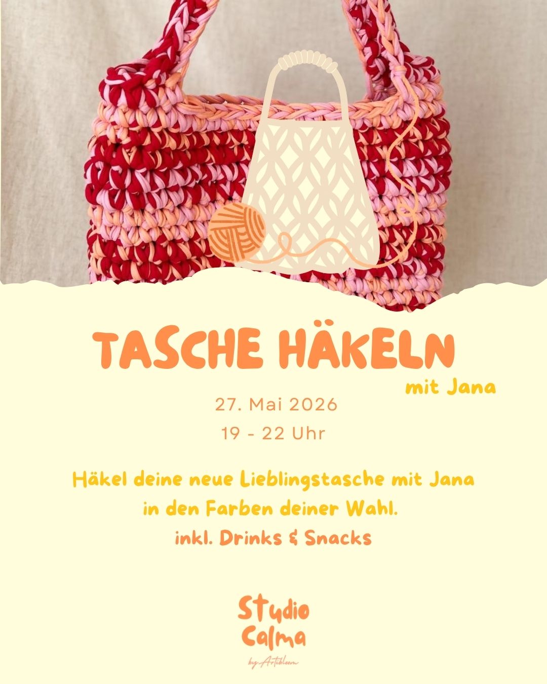Tasche Häkeln mit Jana I 27. Mai 2026 I Kreativ-Workshop im Studio Calma in Düsseldorf