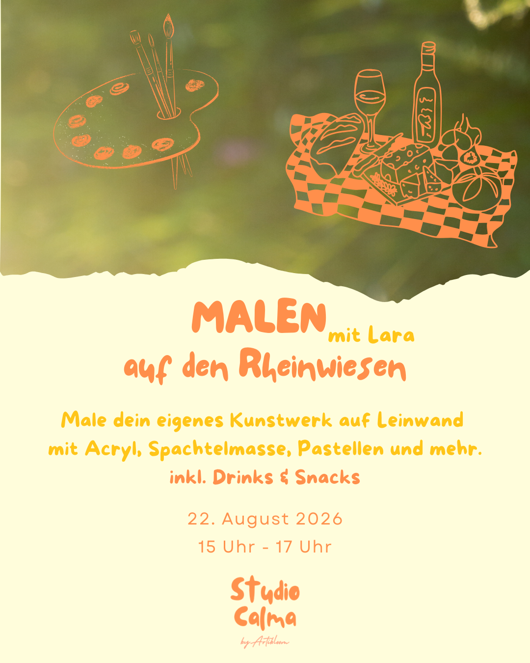 Malen auf den Rheinwiesen inkl. Vino & Snacks I 22. August 2026 I Kreativ-Workshop im Studio Calma Düsseldorf mit Lara