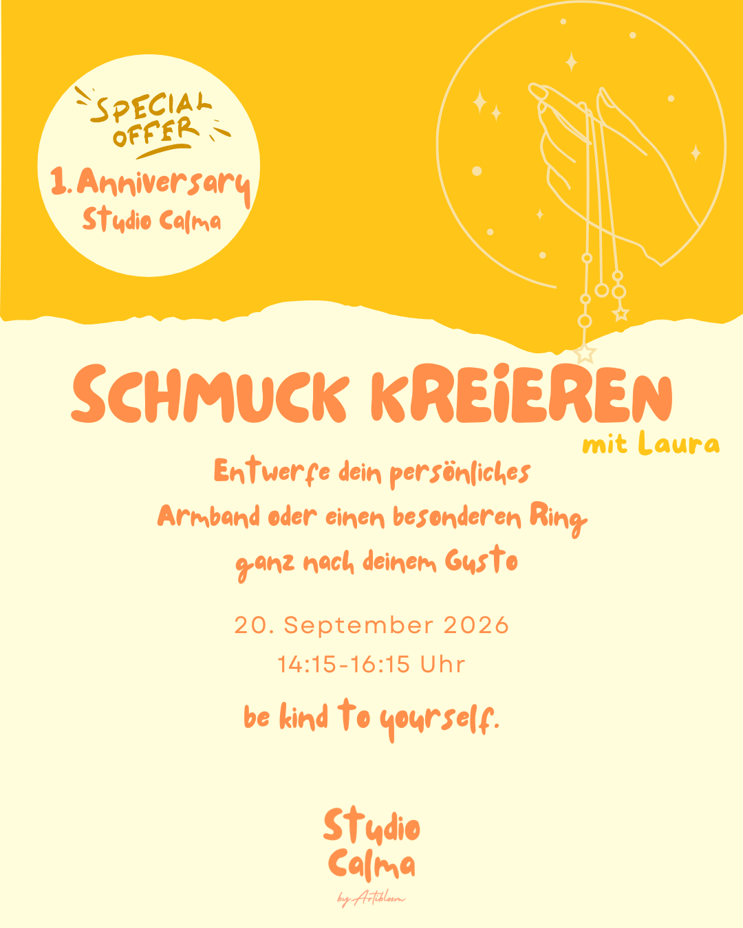 1. ANNIVERSARY SPECIAL Schmuck (Armband oder Ring) kreieren mit Laura im Studio Calma in Düsseldorf am 20. September 2026 14:15-16:15 Uhr