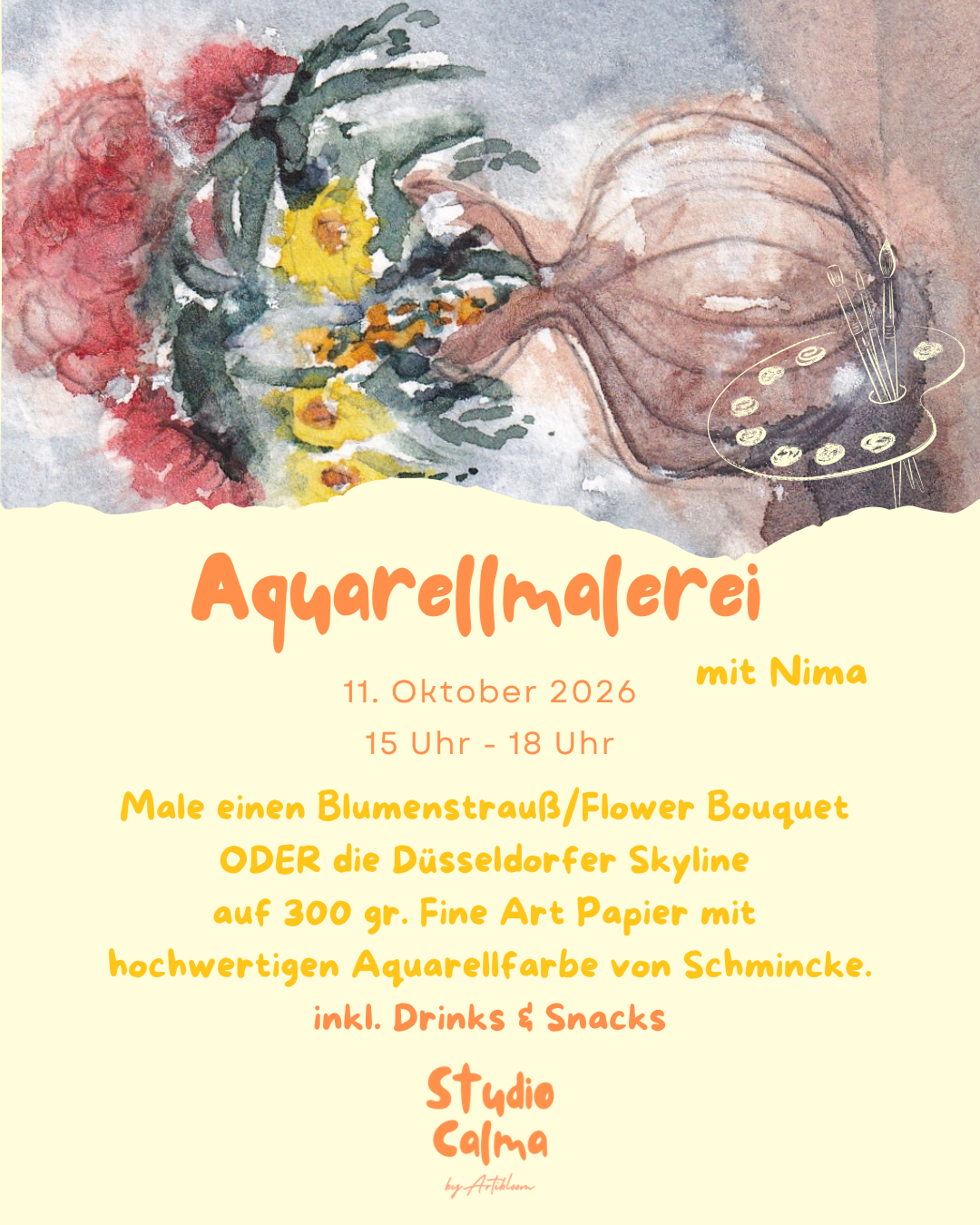 Aquarell Malerei mit Künstler Nima Dibazar I Flower Bouquet/Blumenstrauß ODER die Düsseldorfer Skyline I 11. Oktober 2026 15-18 Uhr Kreativ-Workshop im Studio Calma in Düsseldorf