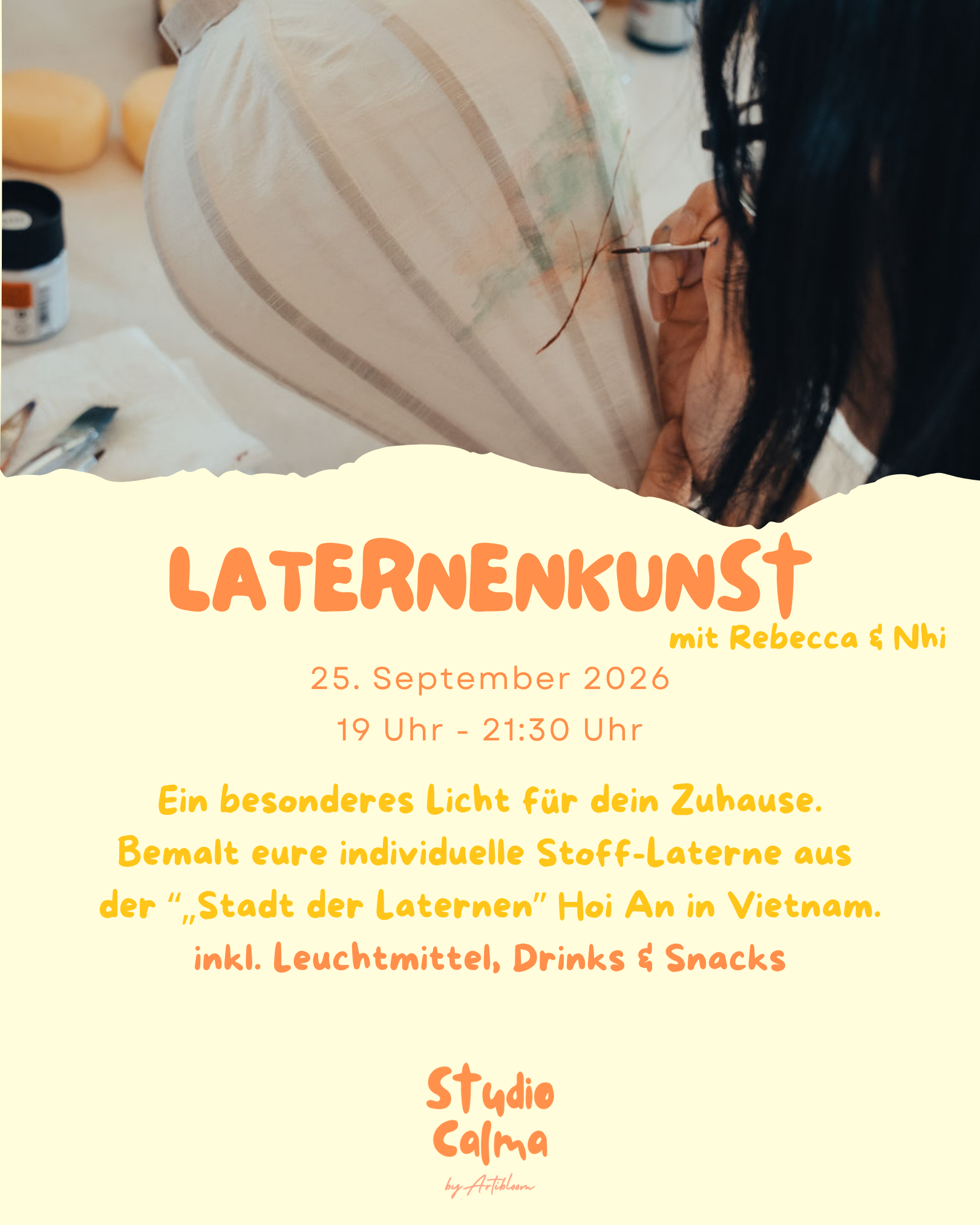 Laternenkunst für dein Zuhause - Bemale deine individuelle Stoff-Laterne aus Hoi An, der „Stadt der Laternen“ in Vietnam | 25. September 2026 | Kreativ-Workshop im Studio Calma in Düsseldorf mit Rebecca & Nhi