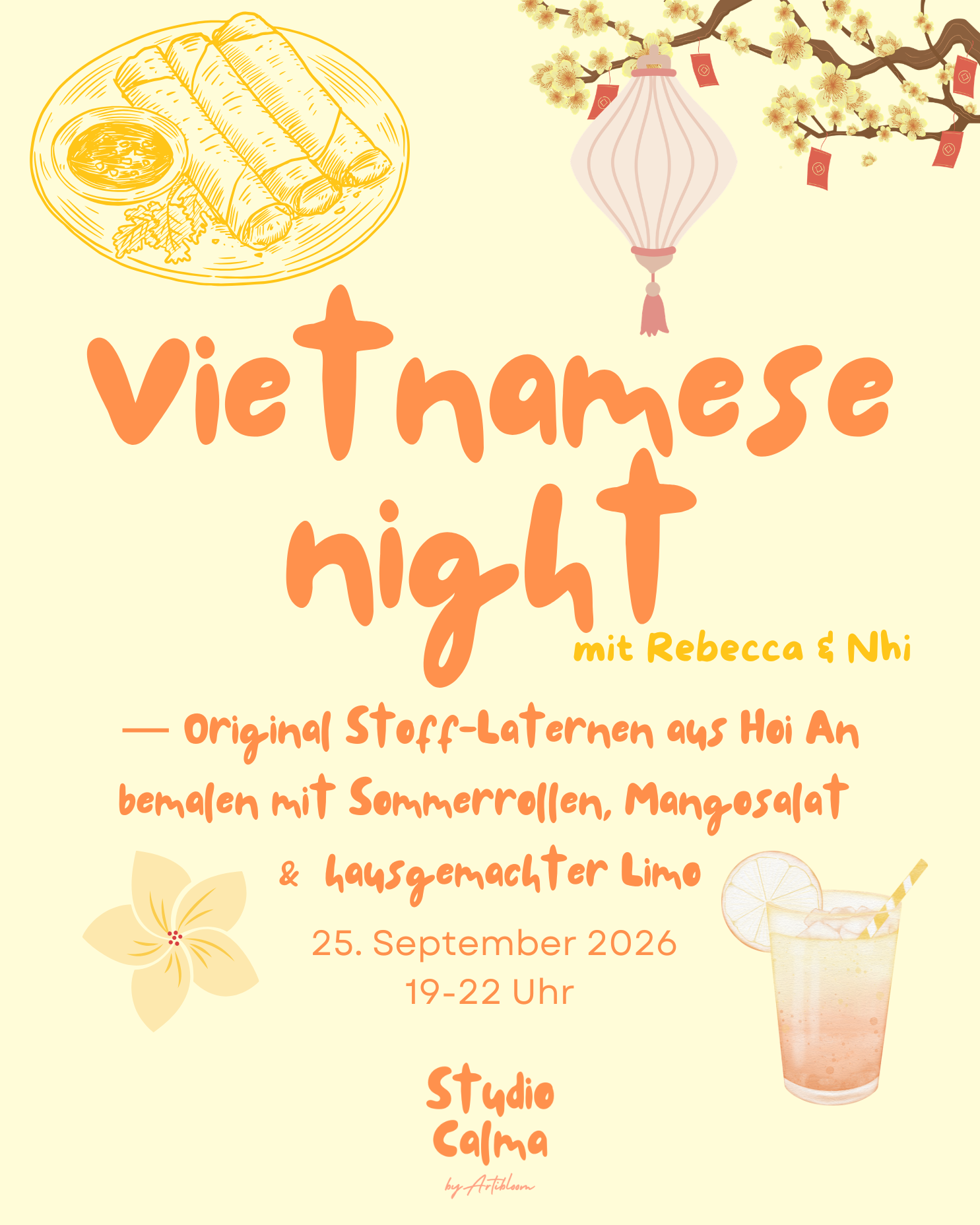 Vietnamese Night - Kreiere deine individuelle Stoff-Laterne aus Hoi An, der „Stadt der Laternen“ in Vietnam mit Sommerrollen, Mango-Salat, Snacks & hausgemachter Limo | 25. September 2026 | Kreativ-Workshop im Studio Calma in Düsseldorf mit Rebecca & Nhi