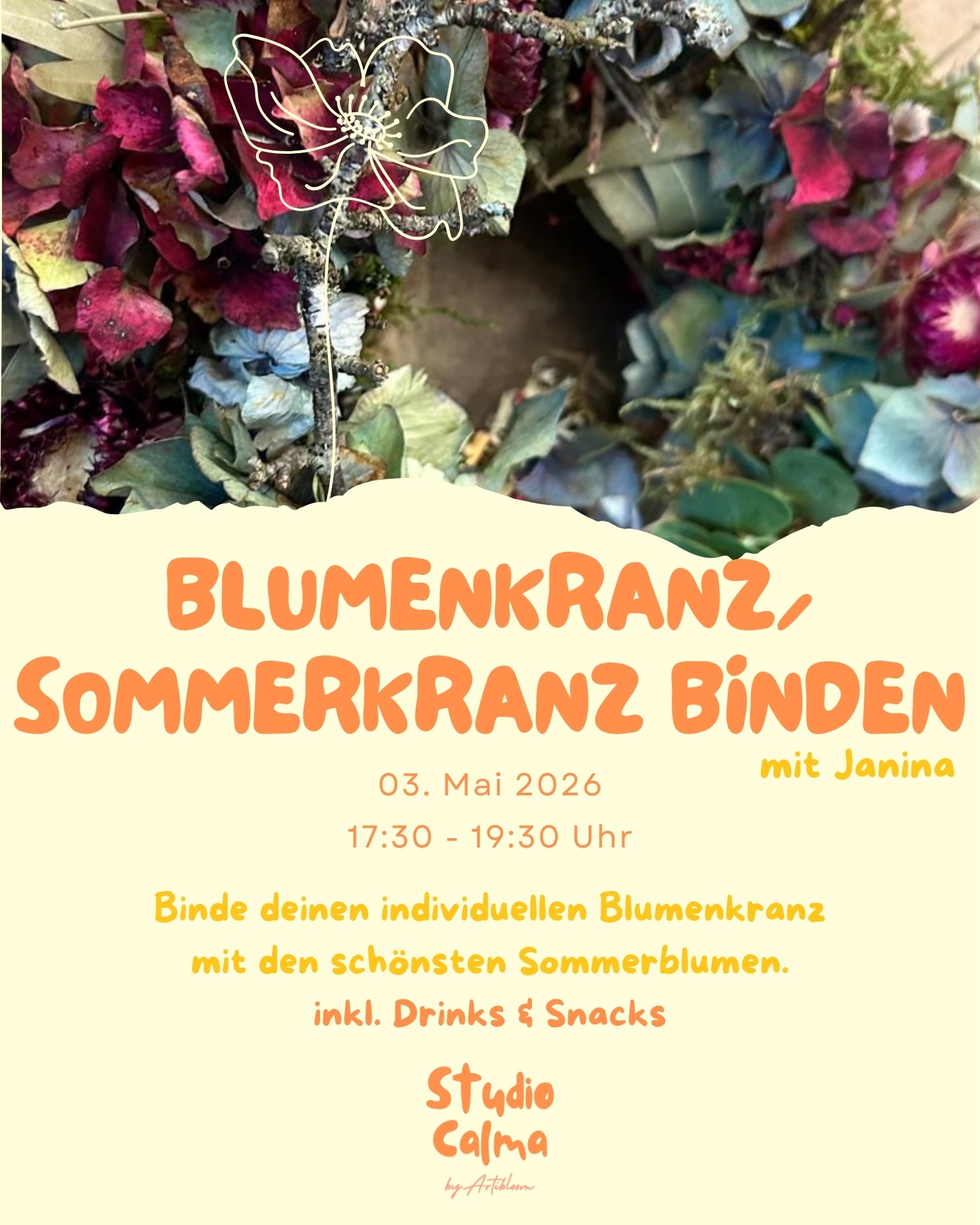 Blumenkranz/Sommerkranz Midsommar Kranz binden I 03. Mai 2026 I Kreativ-Workshop im Studio Calma in Düsseldorf mit Janina