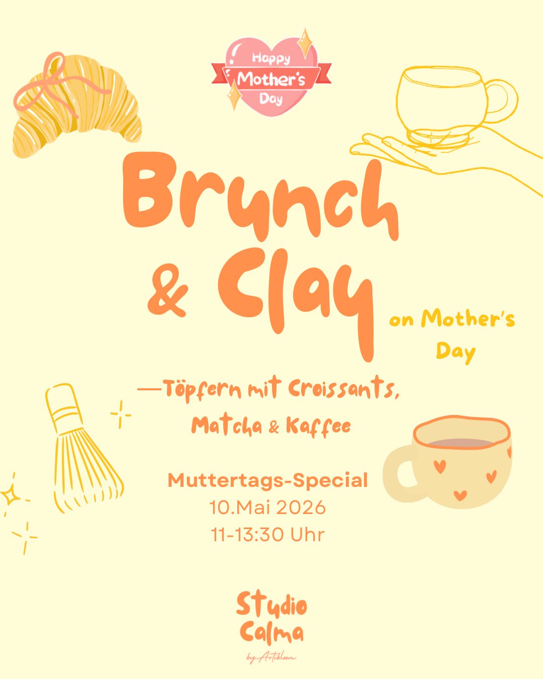 Brunch & Clay - Muttertags-Special - Töpfern mit Croissants, Matcha Strawberry & Kaffee im Studio Calma in Düsseldorf am 10. Mai 2026