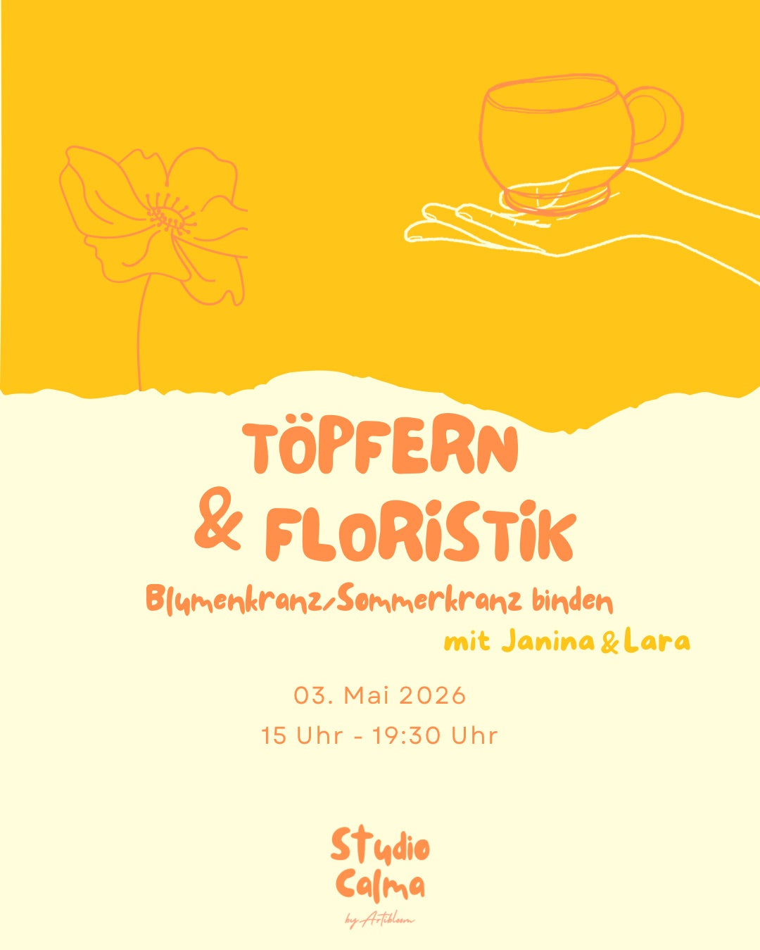 Töpfern & Blumenkranz/Sommerkranz Midsommar Kranz binden I 03. Mai 2026 I Kombi-Workshop im Studio Calma in Düsseldorf mit Janina und Lara