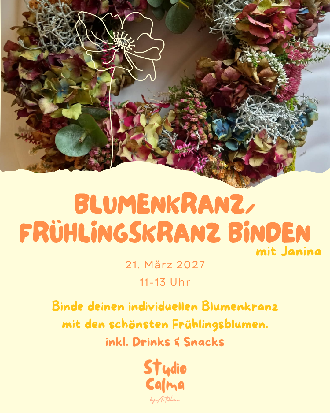Blumenkranz (Frühlingskranz) binden I 21. März 2027 I Kreativ-Workshop im Studio Calma in Düsseldorf mit Janina