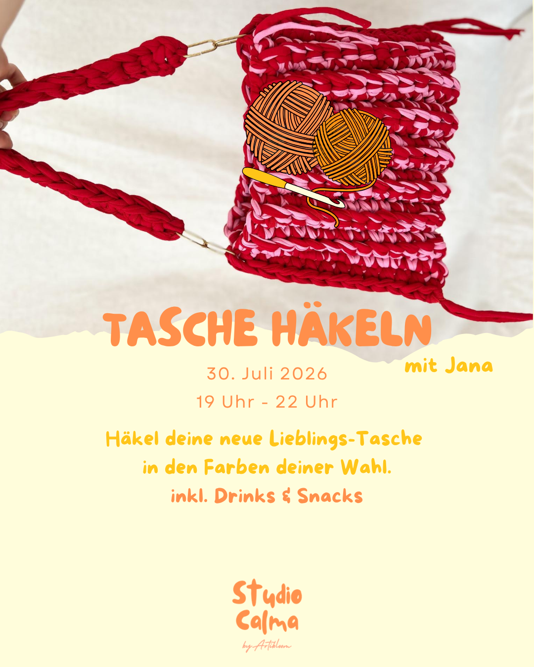 Tasche Häkeln mit Jana  I 30. Juli 2026 I Kreativ-Workshop im Studio Calma in Düsseldorf