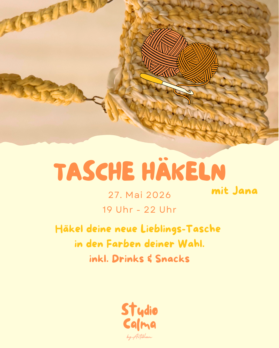 Tasche Häkeln mit Jana  I 27. Mai 2026 I Kreativ-Workshop im Studio Calma in Düsseldorf
