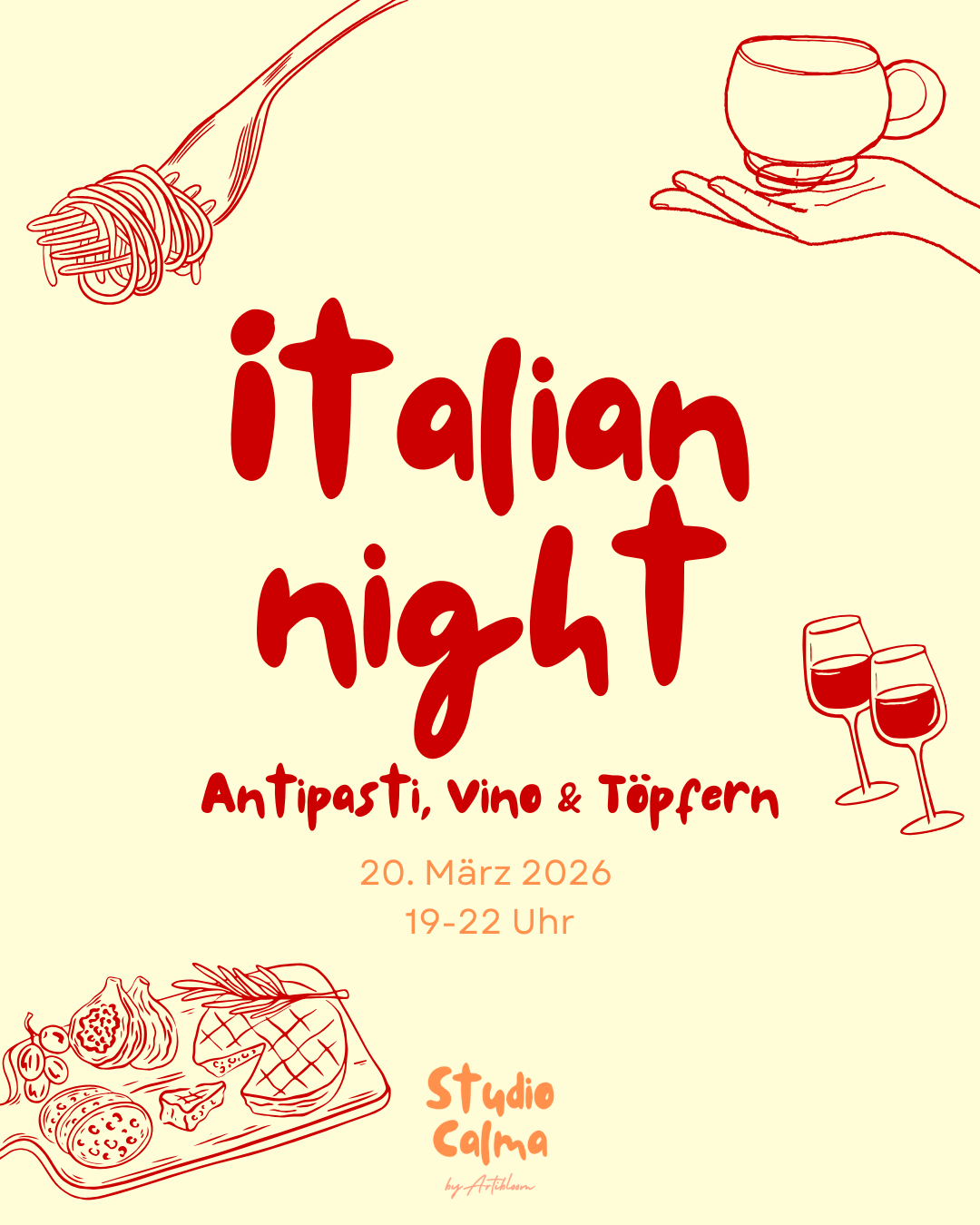 Italian Night - Antipasti, Vino & Töpfern im Studio Calma in Düsseldorf am 20. März 2026