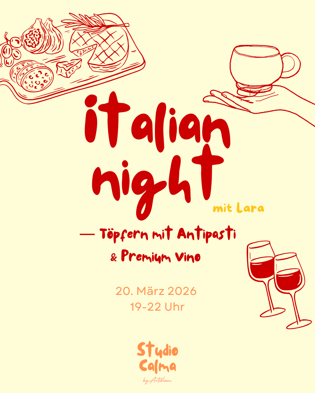 Italian Night - Töpfern, Premium Vino & Italienische Köstlichkeiten im Studio Calma in Düsseldorf am 20. März 2026 mit Lara