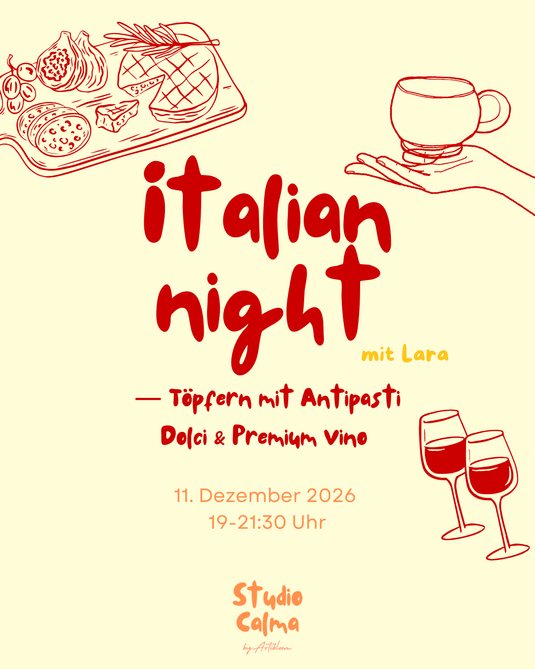 Italian Night - Töpfern, Premium Vino & Italienische Köstlichkeiten im Studio Calma in Düsseldorf am 11. Dezember 2026 mit Lara