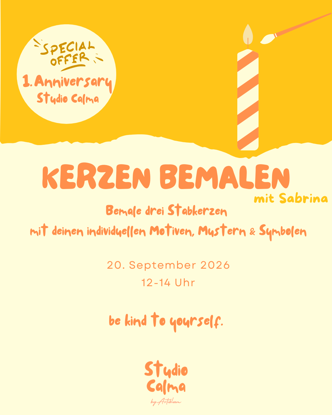 1. ANNIVERSARY SPECIAL Kerzen bemalen mit Sabrina im Studio Calma in Düsseldorf am 20. September 2026 12-14 Uhr