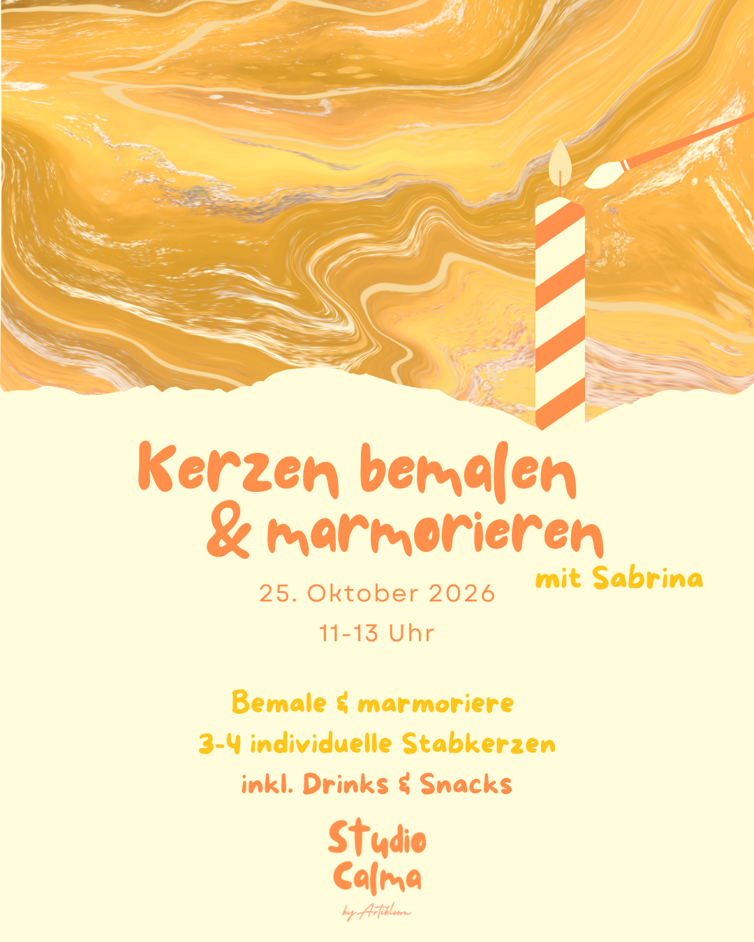 Kerzen bemalen und marmorieren I 25. Oktober 2026 I Kreativ-Workshop im Studio Calma in Düsseldorf mit Sabrina