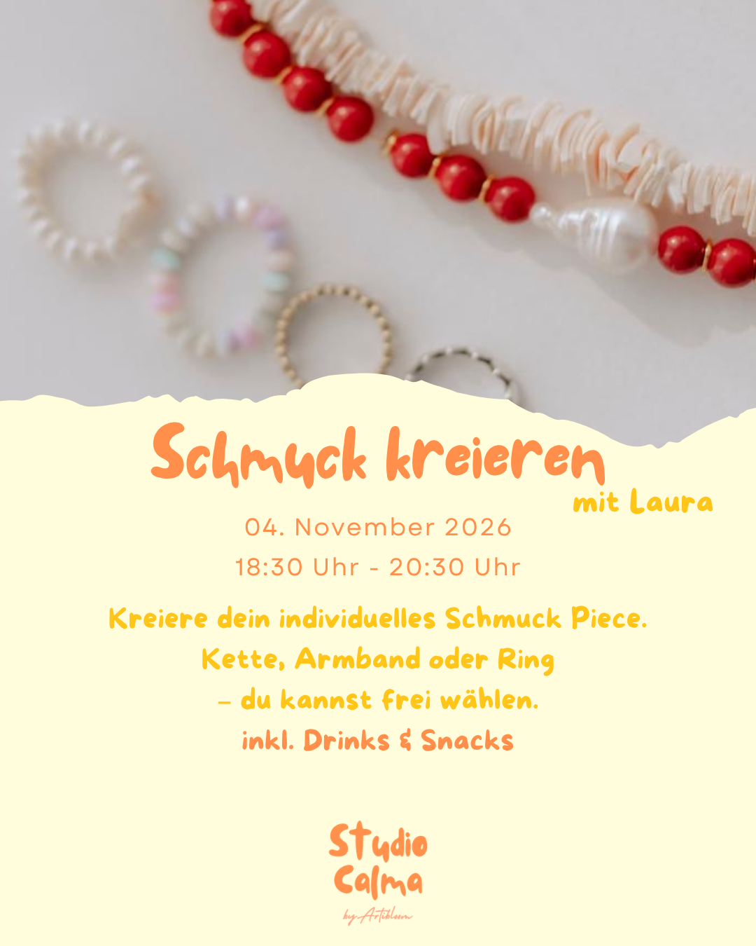 Schmuck kreieren (Armband, Kette oder Ring) mit Laura im Studio Calma in Düsseldorf am 04. November 2026 mit Laura