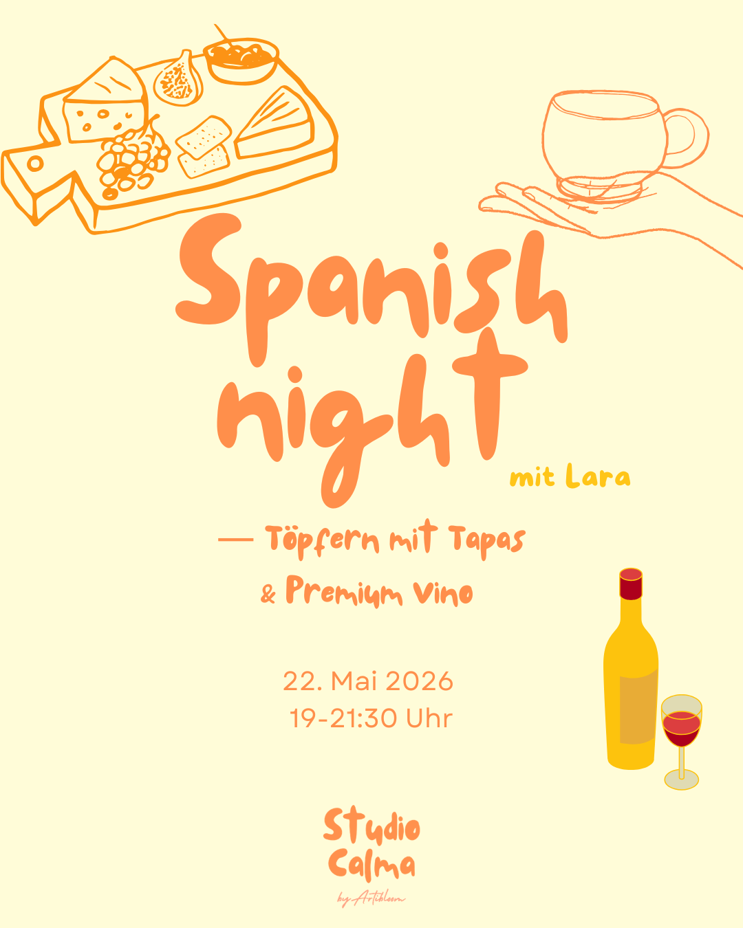 Spanish Night - Töpfern mit Tapas & Premium Vino im Studio Calma in Düsseldorf am 22. Mai 2026 mit Lara