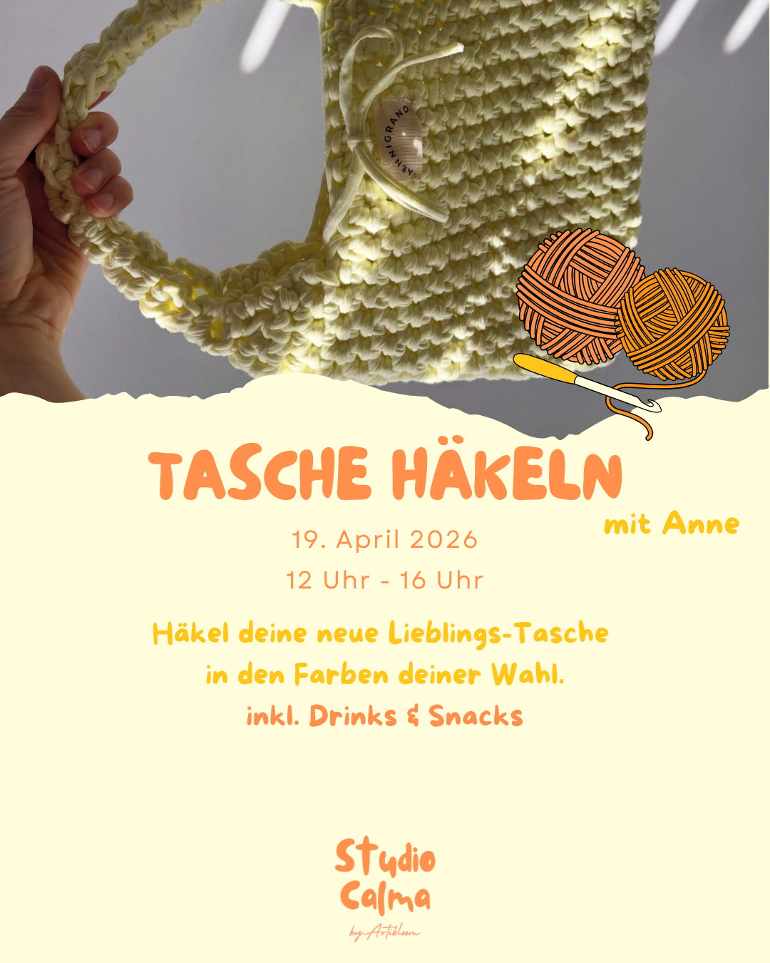 Tasche Häkeln I 19. April 2026 I Kreativ-Workshop im Studio Calma in Düsseldorf mit Anne