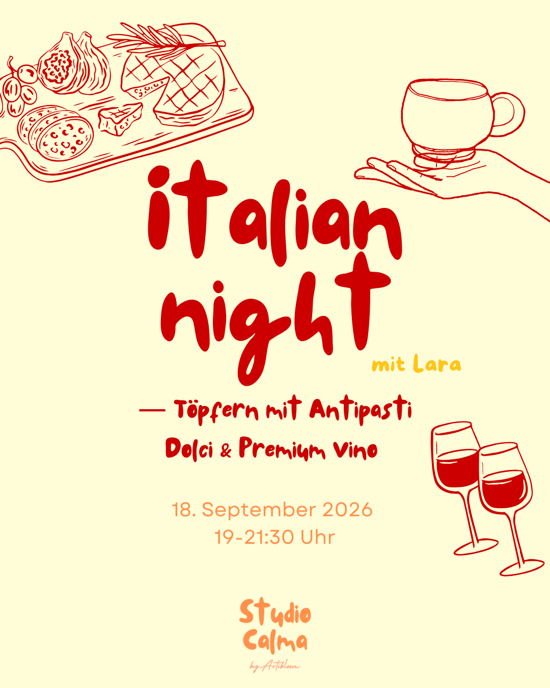 Italian Night - Töpfern, Premium Vino & Italienische Köstlichkeiten im Studio Calma in Düsseldorf am 18. September 2026 mit Lara