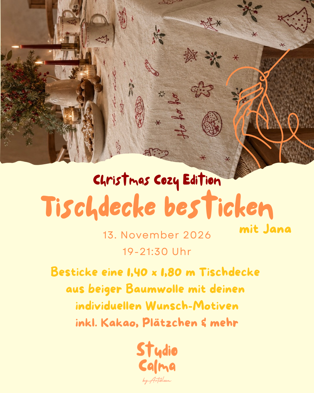 Tischdecke besticken - Christmas Cozy Edition I 13. November 2026 I Kreativ-Workshop im Studio Calma in Düsseldorf mit Jana