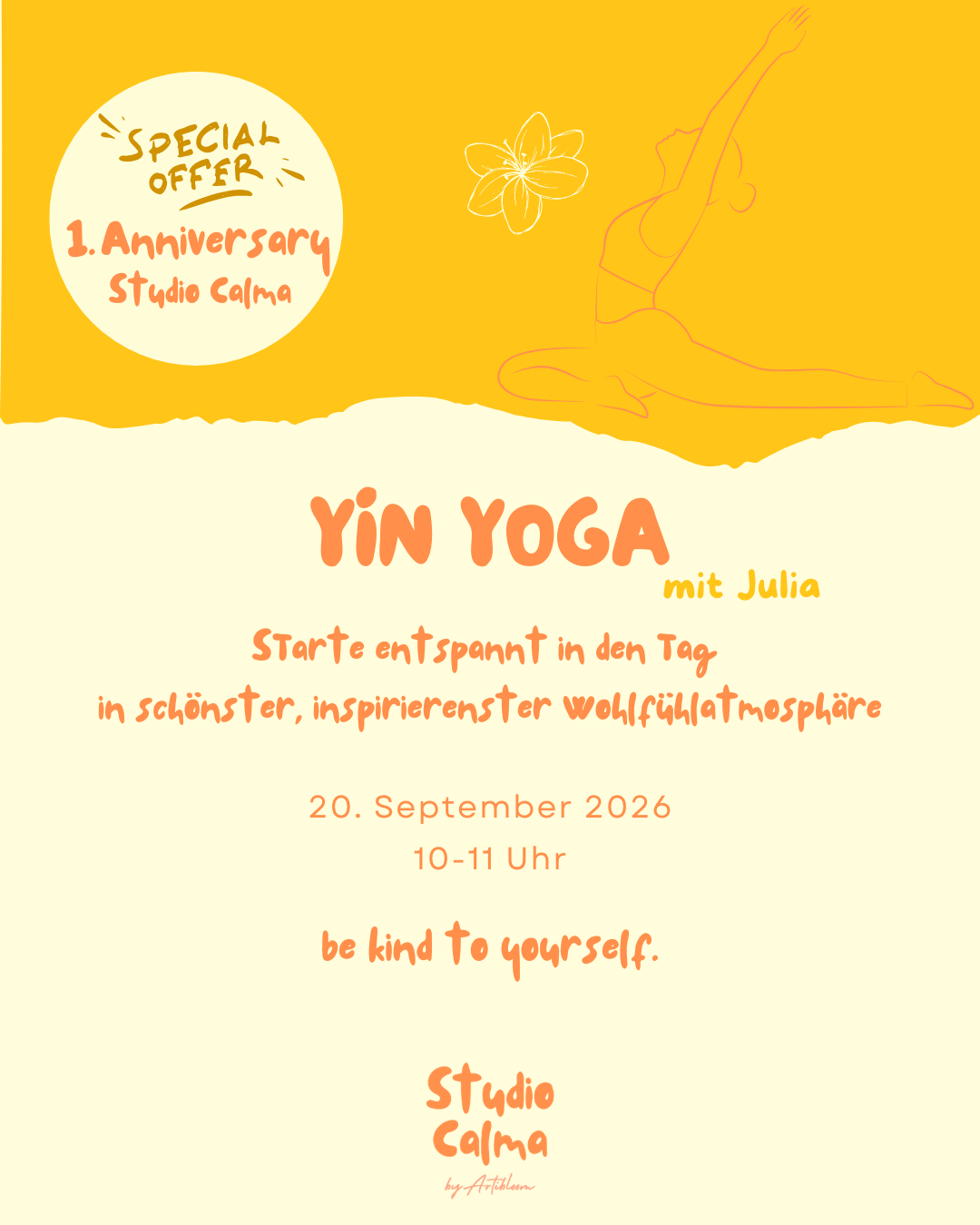 1. ANNIVERSARY SPECIAL Yin-Yoga mit Julia im Studio Calma in Düsseldorf am 20. September 2026 10-11 Uhr